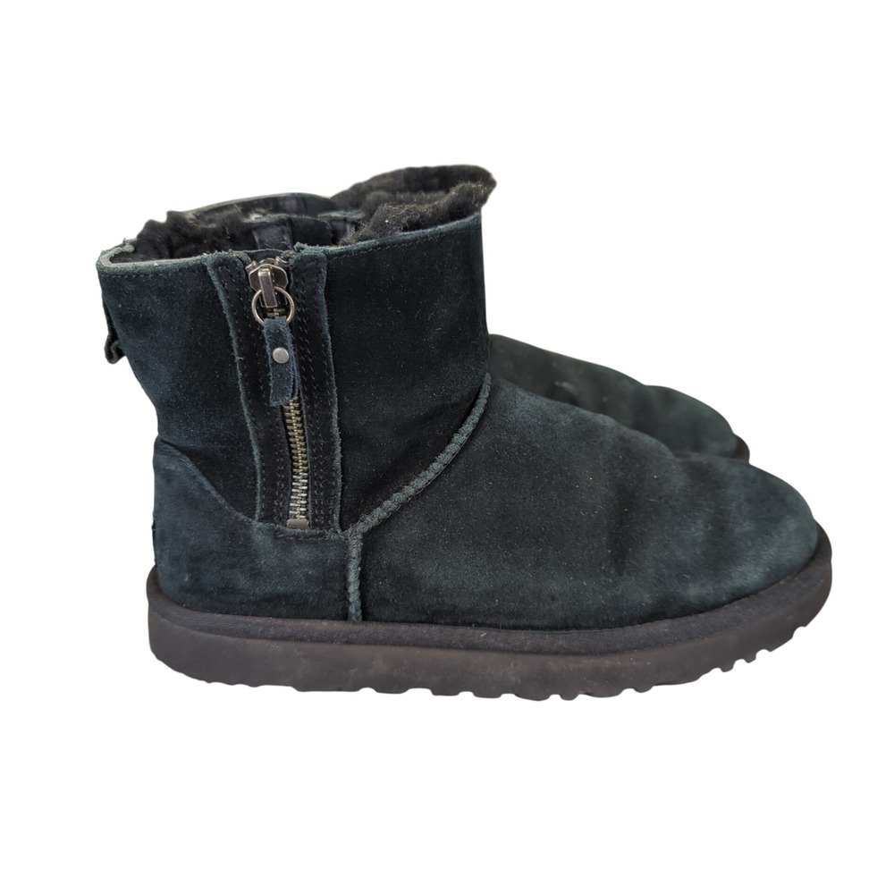 UGG 1118853 Black Suede Leather Shearling Double Zip Mini Boots Womens Size‎ 7